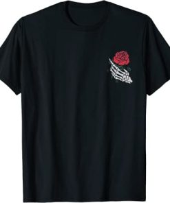 White Skeleton Hand Holding a Red Rose Pocket Print T-Shirt