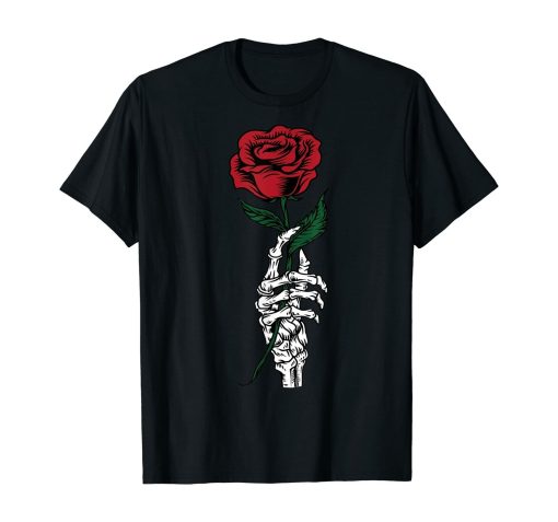 White Skeleton Hand Holding a Red Rose T-Shirt